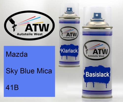 Mazda, Sky Blue Mica, 41B: 400ml Sprühdose + 400ml Klarlack - Set, von ATW Autoteile West.
